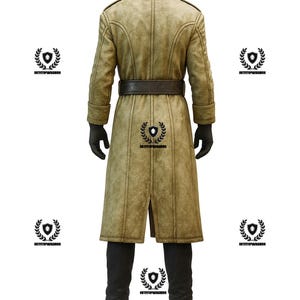 May include: A tan trench coat with a wide collar, a belt, and black gloves. The coat is knee-length and has a textured appearance. The model is wearing black boots. The back of the coat has a logo.