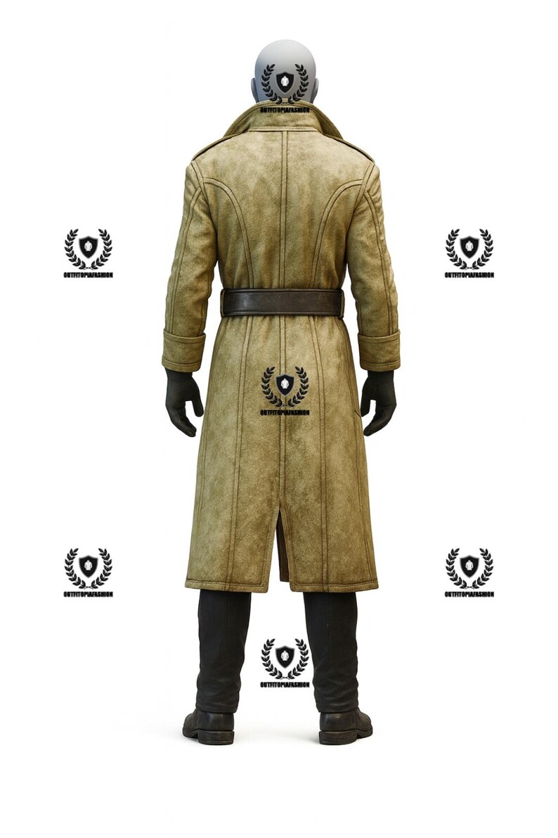 May include: A tan trench coat with a wide collar, a belt, and black gloves. The coat is knee-length and has a textured appearance. The model is wearing black boots. The back of the coat has a logo.