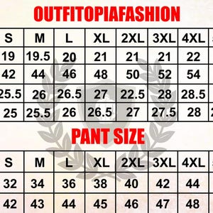 May include: A size chart from Outfitoipafashion, with measurements for shoulders, chest, length, and sleeve. The chart includes sizes S to 6XL, with measurements in inches for each size. Also includes pant size measurements.