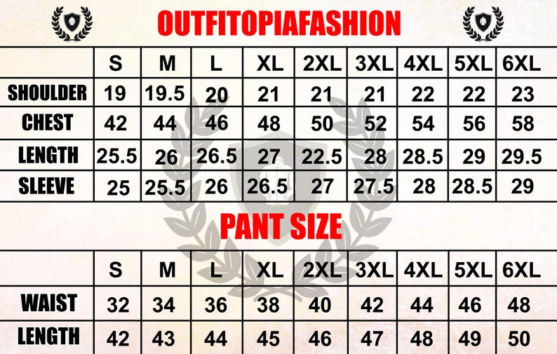 May include: A size chart from Outfitoipafashion, with measurements for shoulders, chest, length, and sleeve. The chart includes sizes S to 6XL, with measurements in inches for each size. Also includes pant size measurements.