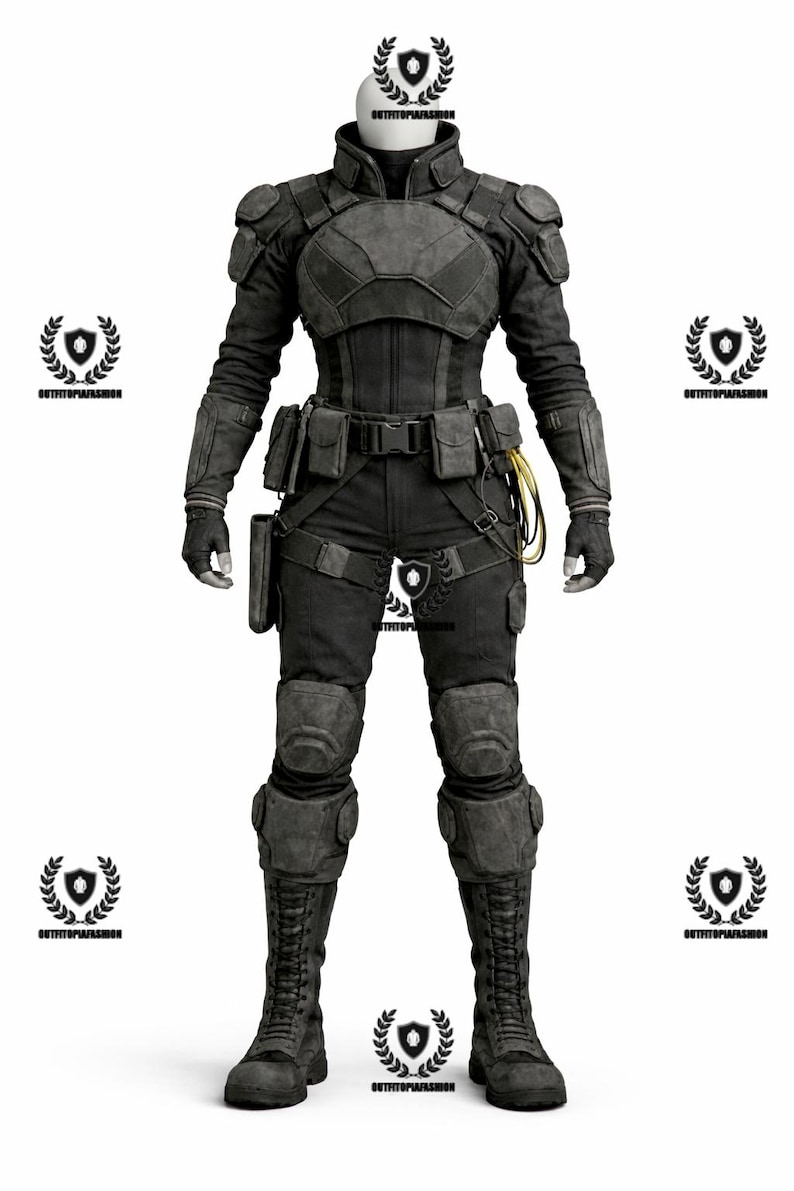 May include: A full-body black tactical outfit, including a jacket with shoulder pads, pants, and combat boots. The outfit features multiple pockets, a belt, and knee pads. The mannequin is wearing black gloves. The outfit is designed for protection and utility.