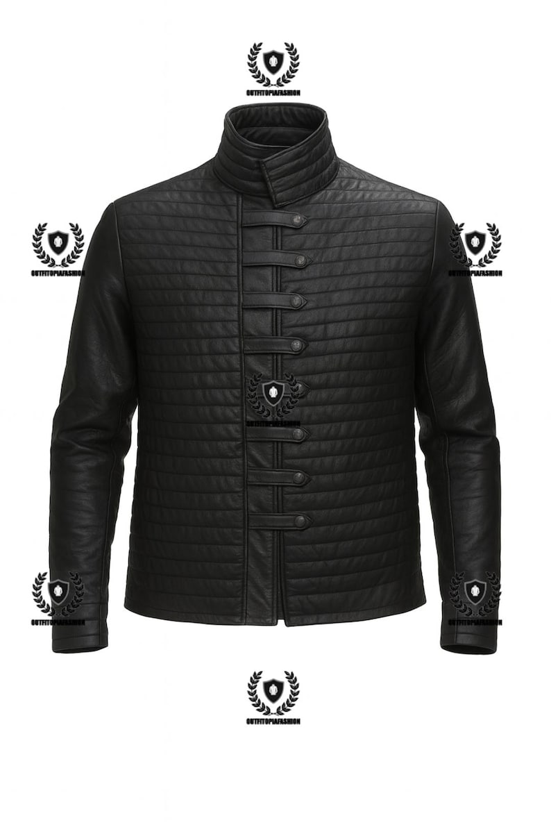 May include: Black quilted leather jacket with a high collar and button closures. The jacket features a vertical buttoned closure and long sleeves. A stylish outerwear piece.