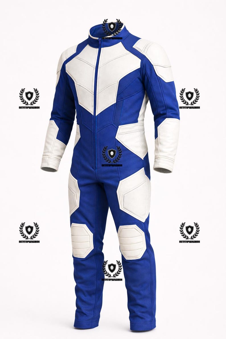 May include: A blue and white jumpsuit with a stand-up collar and a full-length zipper. White panels are on the shoulders, chest, and knees. The suit is designed for a close fit and is made of a smooth material.