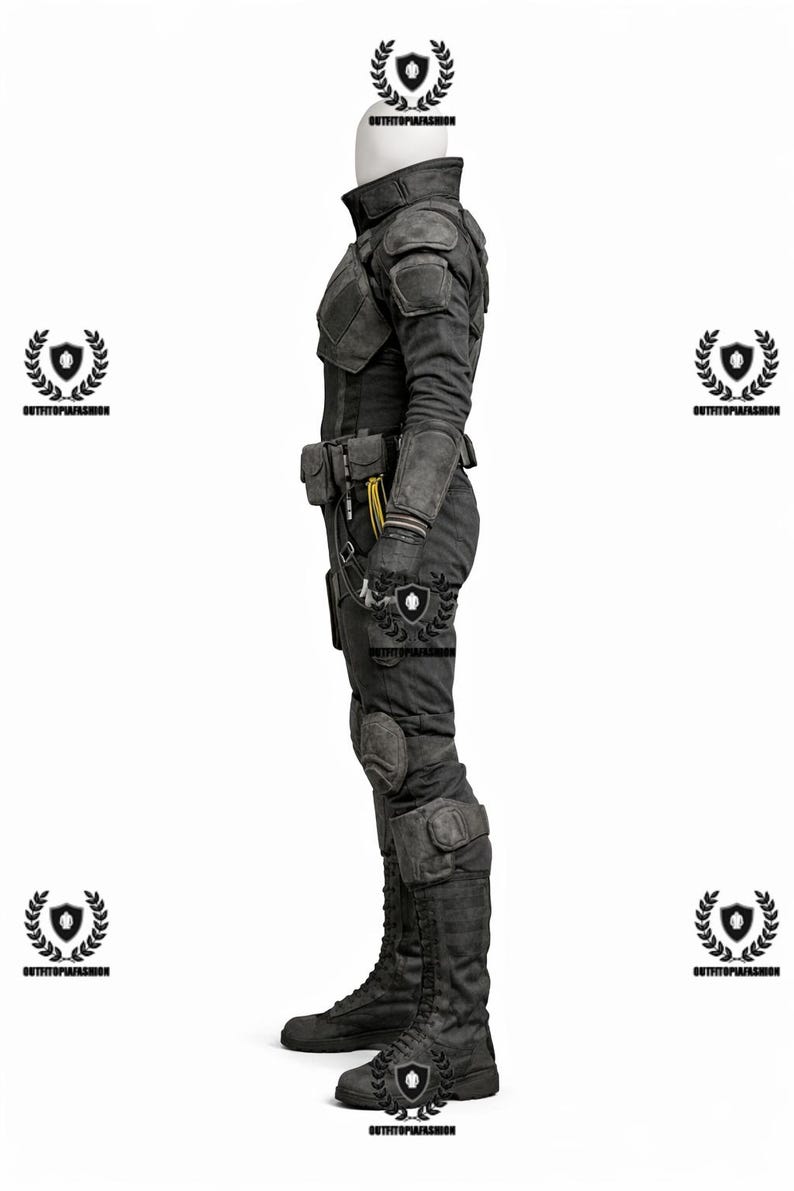 May include: A dark gray tactical suit with a high collar, shoulder pads, and knee pads. The outfit includes a belt with pouches, gloves, and tall boots. The suit is designed for protection and features a utilitarian aesthetic.