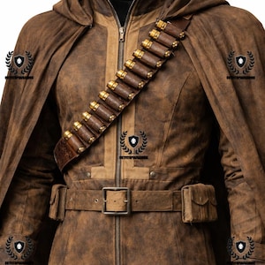 May include: Brown hooded jacket with a matching cape, belt, and cartridge belt. The jacket has a zipper closure and multiple pockets. The outfit is made of a distressed leather-like material, giving it a rugged appearance.