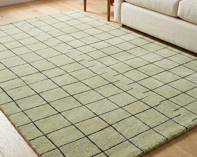 Black White Grid Rug Handmade Modern Minimalist Checkered Carpet Scandinavian Style Neutral Area Rug for Living Room Bedroom Office Rug