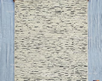 Handgeknüpfter Wollteppich 20x30 | Weiß Schwarzer Moderner Streifen Teppich | Minimalistisches zeitgenössisches Design | Luxus Handgefertigter Wohnzimmer Dekor Teppich