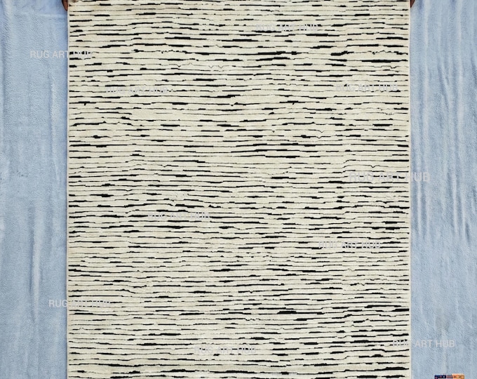 Hand Knotted Wool Rug 8x10 | white black Modern Striped Area Rug | Minimalist Contemporary Design | Luxury Handmade Living Room Décor Rug