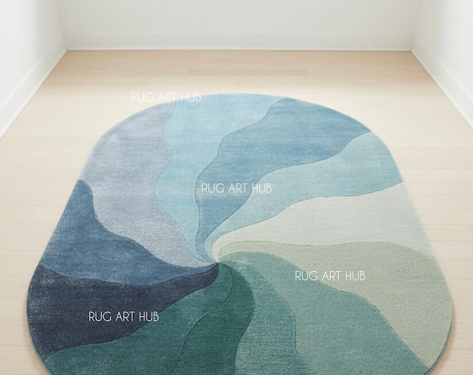 Hand Tufted Oval Abstract Rug Blue Green Teal Grey Modern Swirl Carpet Contemporary Living Room Bedroom Handmade Wool Area Rug