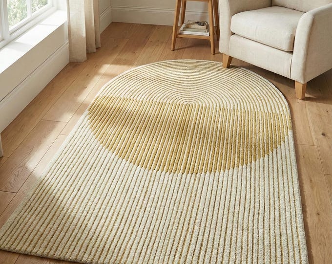 Yellow White Hand-Tufted Wool Rug | Half Circle Modern Minimalist Carpet | Sculptural Concentric Line Design Custom Living Room Rug