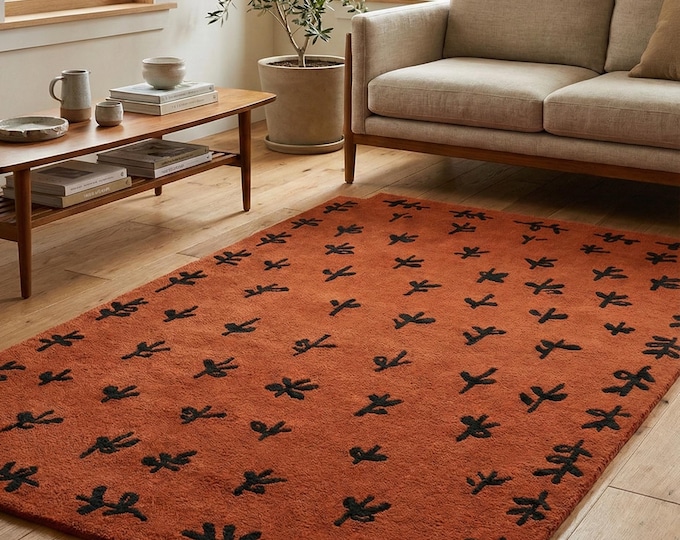 Hand Tufted Terracotta Rug Modern Abstract Pattern Wool Area Rug Custom Handmade Living Room Bedroom Accent Designer Contemporary Rug