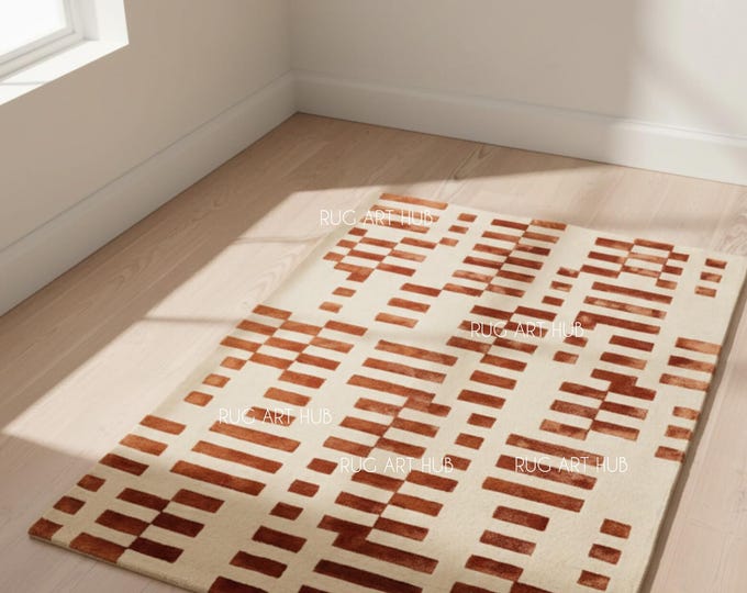 Hand Tufted Cream Rust Brown Geometric Rug Modern Abstract Rectangular Carpet Minimalist Scandinavian Style Handmade Living Room Rug