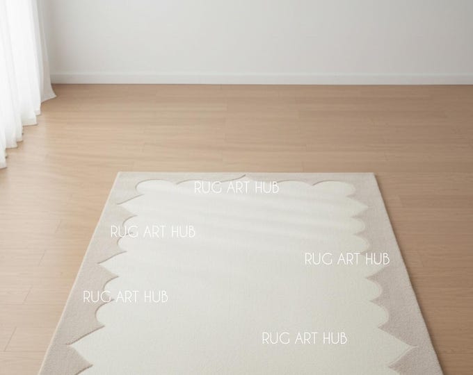 Hand Tufted Cream Ivory Rug Beige Scalloped Border Modern Wool Area Rug Handmade Living Room Bedroom Accent Minimalist Contemporary Decor