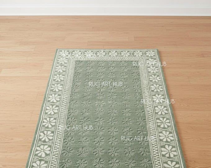Hand Tufted Green White Floral Rug Daisy Border Wool Area Rug Handmade Living Room Bedroom Accent Carpet Modern Botanical Home Decor Rug