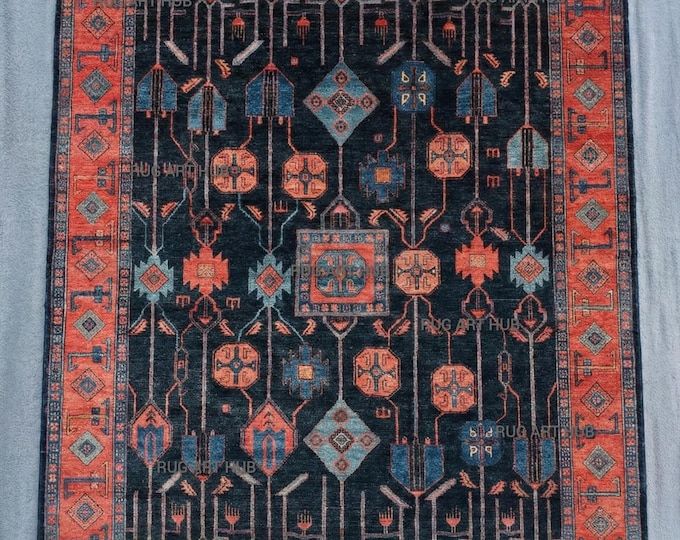 Hand Knotted Tribal Rug Navy Black with Orange Border Blue Wool Area Rug Oriental Geometric Handmade Living Room Bedroom Boho Decor Rug