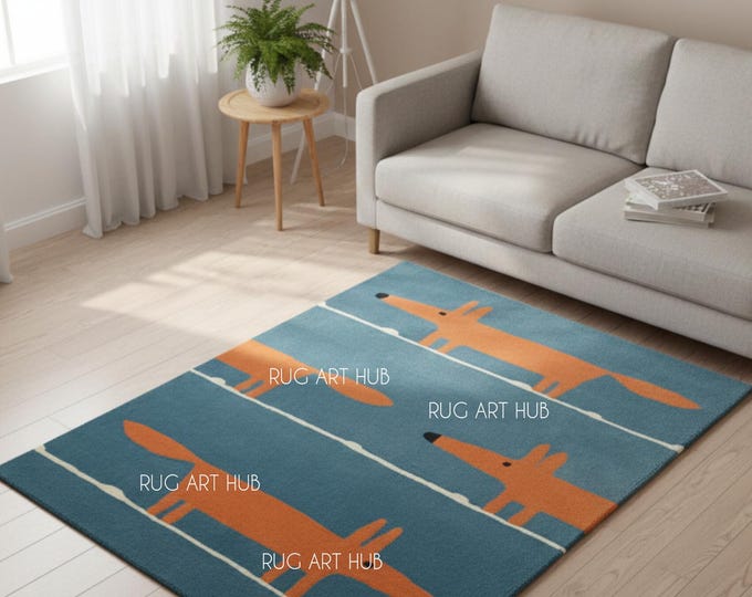 Hand Tufted Blue Kids Rug with Orange Fox Design Animal Wool Area Rug Handmade Playroom Nursery Bedroom Carpet Modern Fun Accent Decor