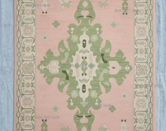 Hand Knotted Pink Green Wool Rug with Grey Border Pastel Oushak Motifs Handmade Turkish Inspired Area Rug Soft Color Living Room Decor Rug