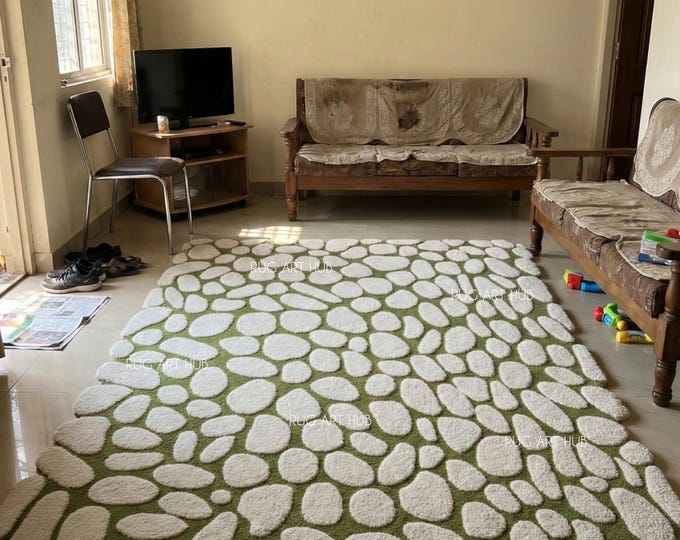 Moss Green Stone Rug, Fluffy Handtufted Carpet with 3D Texture, Nature Inspired Floor Art, Contemporary Cobblestone Area Rug for Bedroom