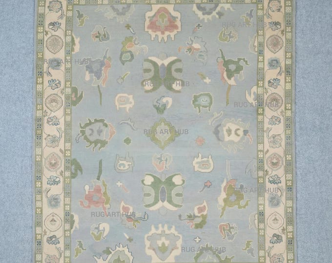 Hand Knotted Light Blue Green Wool Rug Vintage Style Oushak Multicolor Floral Pattern Area Rug for Living Room Bedroom & Home Decor Area Rug