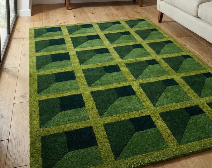 Hand Tufted Wool Rug Modern Green Geometric 3D Cube Design Handmade Contemporary Area Rug Living Room Bedroom Floor Decor Rug