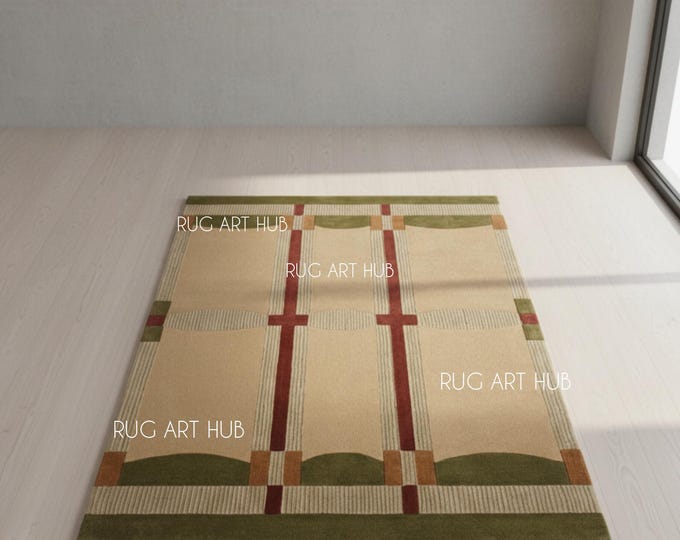 Modern Geometric Rug – Hand Tufted Color Block Carpet – Minimalist Grid Pattern Area Rug for Living Room Bedroom Decor Large Area Rug