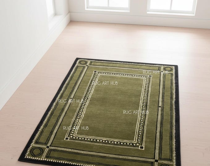 Hand Tufted Green Border Rug Modern Geometric Wool Area Rug Custom Handmade Living Room Bedroom Accent Designer Contemporary Rug