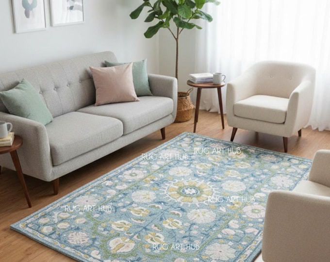 Hand Tufted Floral Medallion Rug – Traditional Blue and Pastel Pattern Carpet – Classic Living Room Bedroom Vintage Style Large Area Rug