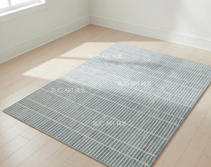 Hand Tufted Light Blue Ivory Grid Rug Modern Rectangular Carpet Minimalist Geometric Design Handmade Scandinavian Style Living Room Rug