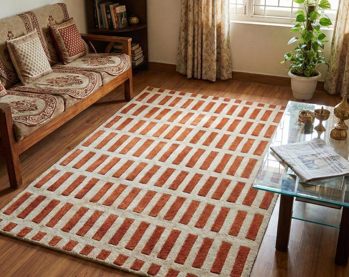 Rust and Ivory Hand-Tufted Wool Carpet | Linear Brick Pattern | Bold Modern Design for Living Room | Custom Size Available Rug Bedroom