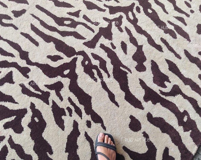 Hand Tufted Animal Print Rug – Modern 9X12 Brown and Cream Tiger Pattern Carpet – Bold Abstract Statement Rug for Living Room Bedroom decor