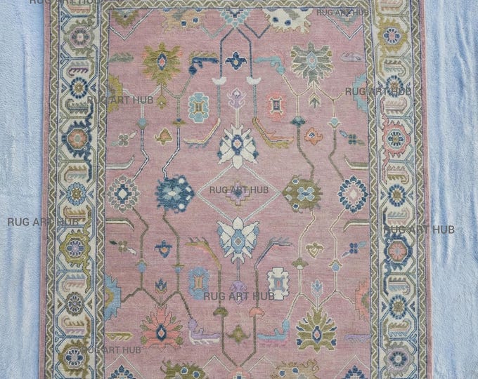 Hand Knotted Lavender Mauve Wool Rug with Blue Ivory Rust Border Oriental Floral Design Luxury Handmade Wool Area Rug for Living Room Rug
