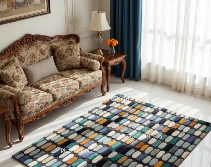 Charcoal Multicolor Hand-Tufted Wool Rug | Oval Pebble Pattern Carpet | Colorful Midcentury Modern Living Room Accent Custom Rug