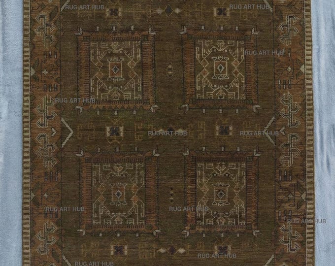 Hand Knotted Baluchi Rug Wool Tribal Geometric Carpet in Brown Olive Cream | Small Handmade Oriental Entryway and Living Room Bedroom Rug