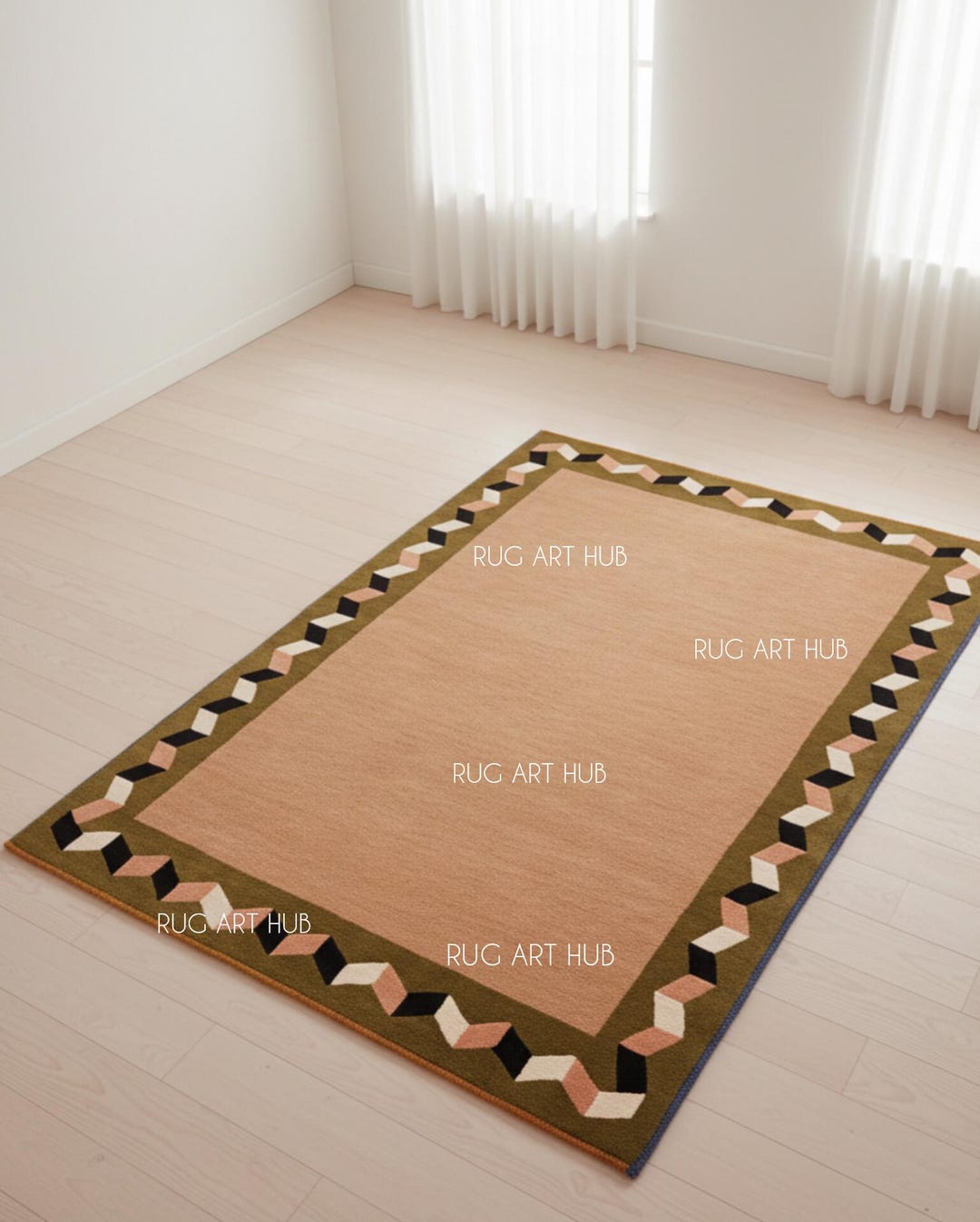 Geometric Border Rug Design Peach Geometric Border Rug Handmade Modern 3D Cube Design Carpet Olive ...