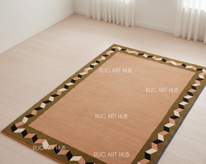 Peach Geometric Border Rug Handmade Modern 3D Cube Design Carpet Olive Green Black White Area Rug Contemporary Living Room Accent Area Rug