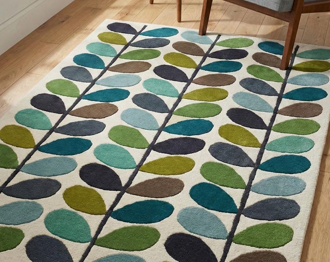 Multicolor Leaf Hand-Tufted Wool Rug | Blue Green Yellow Modern Botanical Carpet | Scandinavian Midcentury Style Custom Decor Area Rug