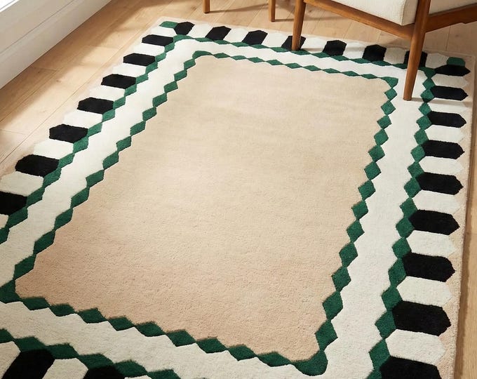 Green Black Soft Yellow Hand-Tufted Wool Rug | Geometric Border Design Carpet | Bold Modern Inspired Modern Floor Accent | Custom Size Rug