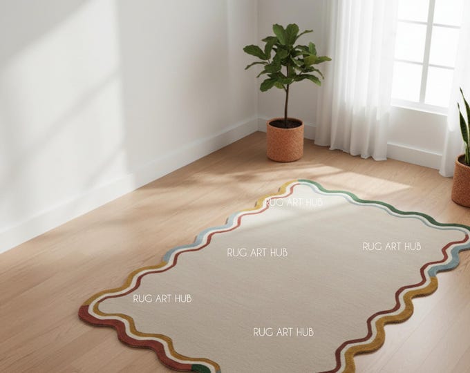 Hand Tufted Wool Rug Modern Solid Tufted Modern Wavy Border Tufted Irregular Rug Handmade Area Rug for Living Room Bedroom
