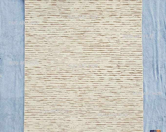 Hand Knotted Wool Rug 8x10 | Ivory Beige Modern Striped Area Rug | Minimalist Contemporary Design | Luxury Handmade Living Room Décor Rug