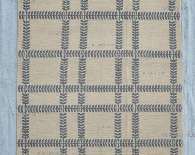 Hand Knotted Cream Blue Wool Rug Modern Leaf Check Pattern Handmade Oriental Design Area Rug Minimal Living Room Decor Large Wool Rug