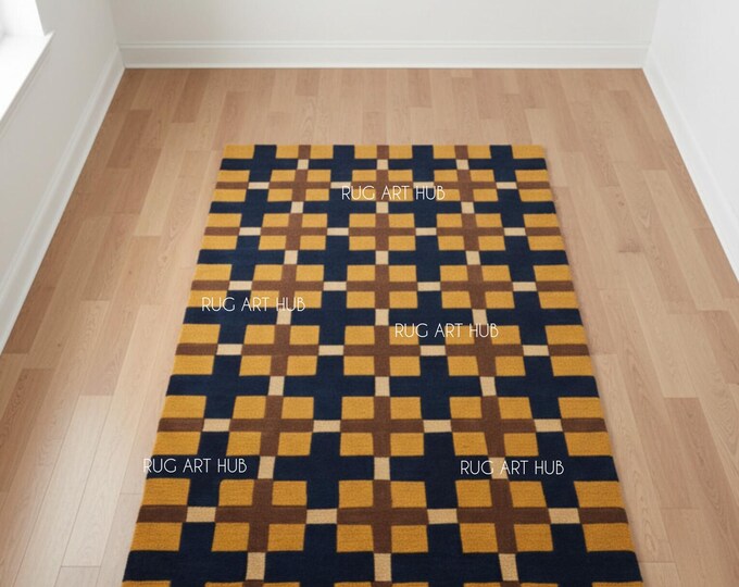 Hand Tufted Navy Blue Rug with Mustard Yellow Brown Geometric Pattern Wool Area Rug Handmade Modern Living Room Bedroom Accent Decor