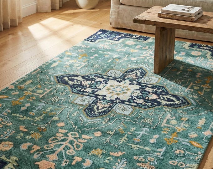 Hand Tufted Wool Rug Modern Green Medallion Floral Design Handmade Area Rug for Living Room Bedroom Contemporary Decor