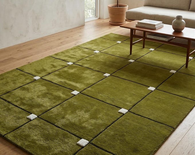 Modern Green Geometric Area Rug, Handmade Tufted Wool Rug, Minimalist Grid Pattern Rug, Living Room Carpet, Contemporary Home Decor Rug