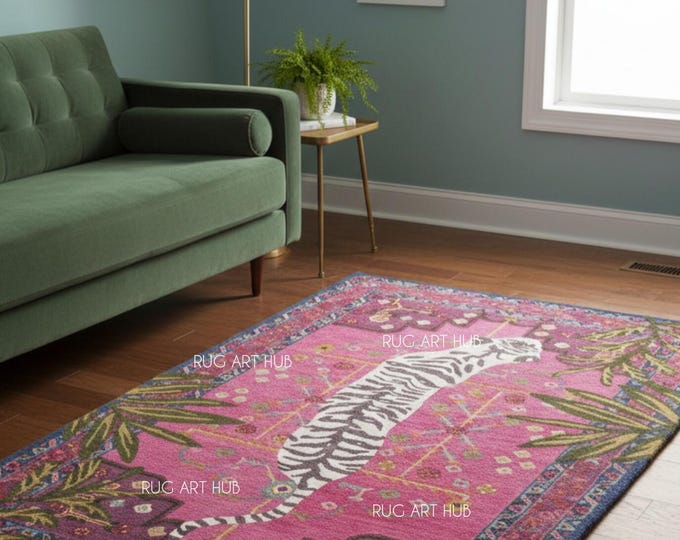Boho Pink Zebra Rug Colorful Botanical Tropical Animal Carpet Eclectic Hand Tufted Statement Area Rug for Living Room Bedroom Decor Area Rug