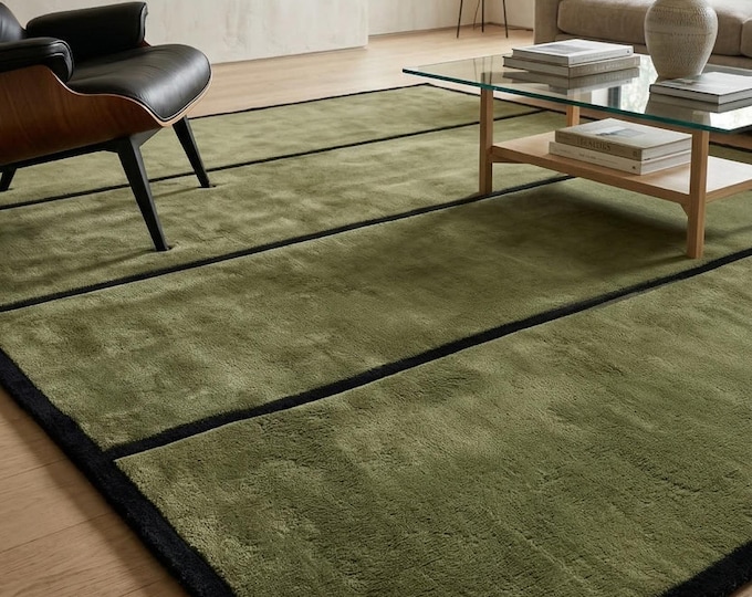 Olive Green Area Rug, Modern Minimalist Wool Rug, Hand Tufted Living Room Carpet, Scandinavian Style Rug, Contemporary Black Border Rug