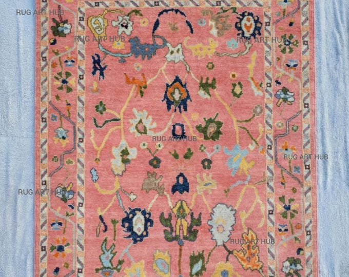 Hand Knotted Wool Pink Multicolor Rug – Turkish Oushak Floral Pattern Area Rug for Bohemian Interiors, Living Room & Home Decor Rug