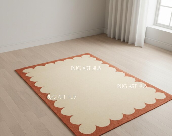 Hand Tufted Scallop Border Rug – Cream and Pink Aesthetic Carpet – Modern Irregular Edge Handmade Area Rug for Living Room & Bedroom Decor