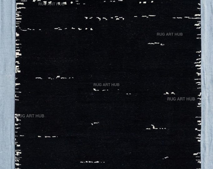 Hand Knotted Black Rug with Ivory Accents Minimalist Wool Area Rug Modern Handmade Living Room Bedroom Tribal Boho Decor Contemporary Rug