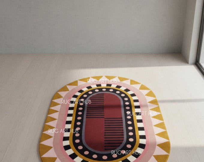 Hand Tufted Oval Shape Abstract Rug Multicolor Pink Mustard Black Oval Modern Carpet Living Room Bedroom Eclectic Floor Decor Large Rug