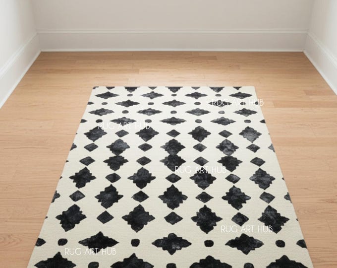 Hand Tufted Navy Blue Ivory Rug Moroccan Geometric Carpet Modern Tribal Pattern Area Rug Handmade Boho Farmhouse Living Room Accent Rug